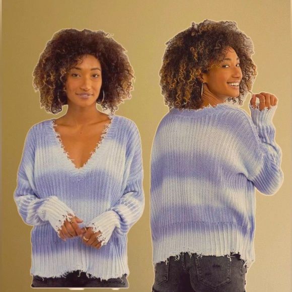 White Crow Periwinkle Raw Edge Fade Ombré Stripe Sweater, size Large - Picture 1 of 6